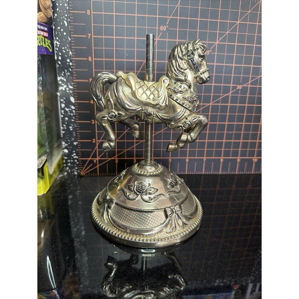 Sankyo Wallace Carousel Horse Music Box Silver Tone Tested Working Nice Gift!